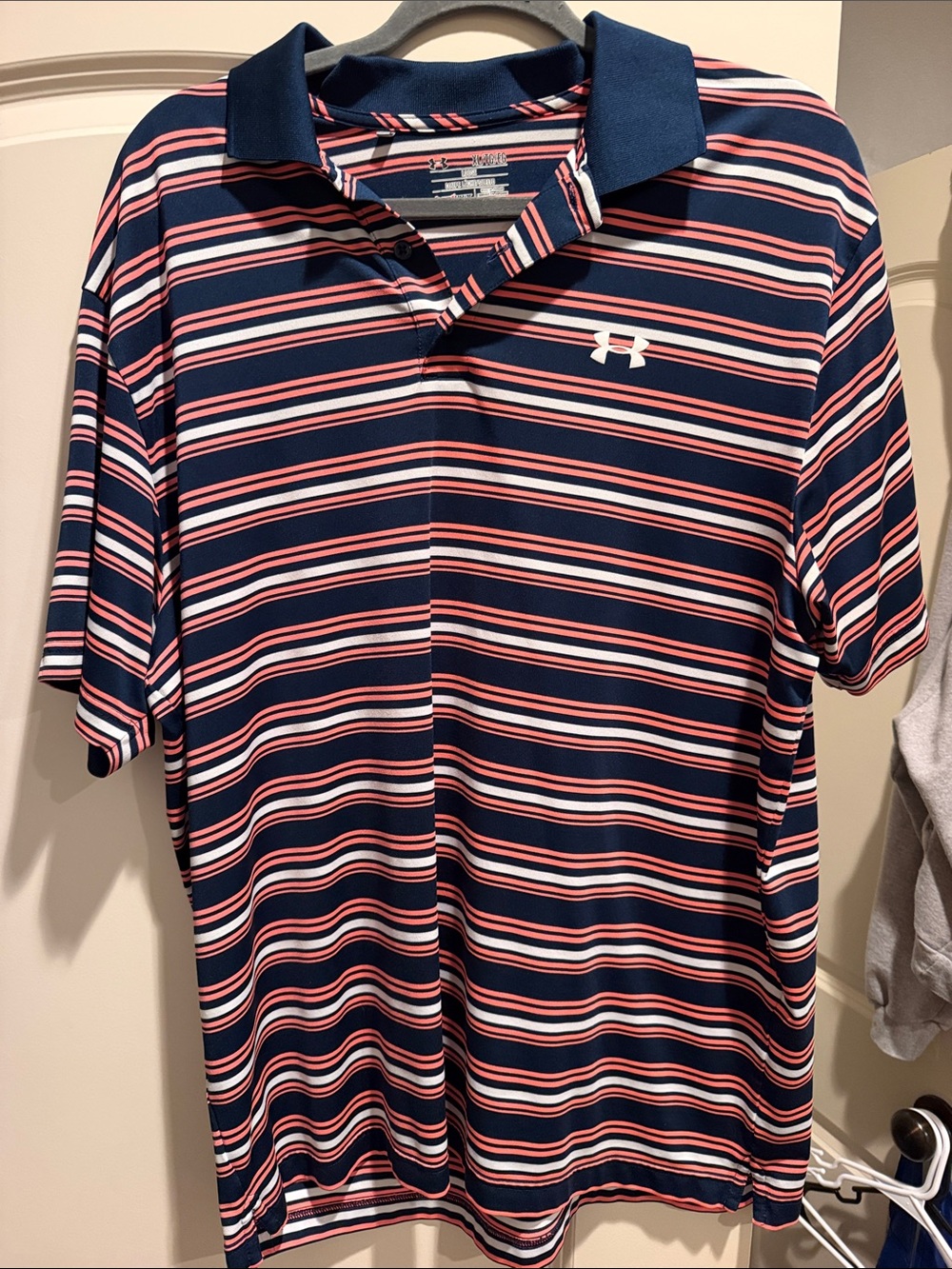 Under Armour Men’s Navy Polo with Orange & White Stripes